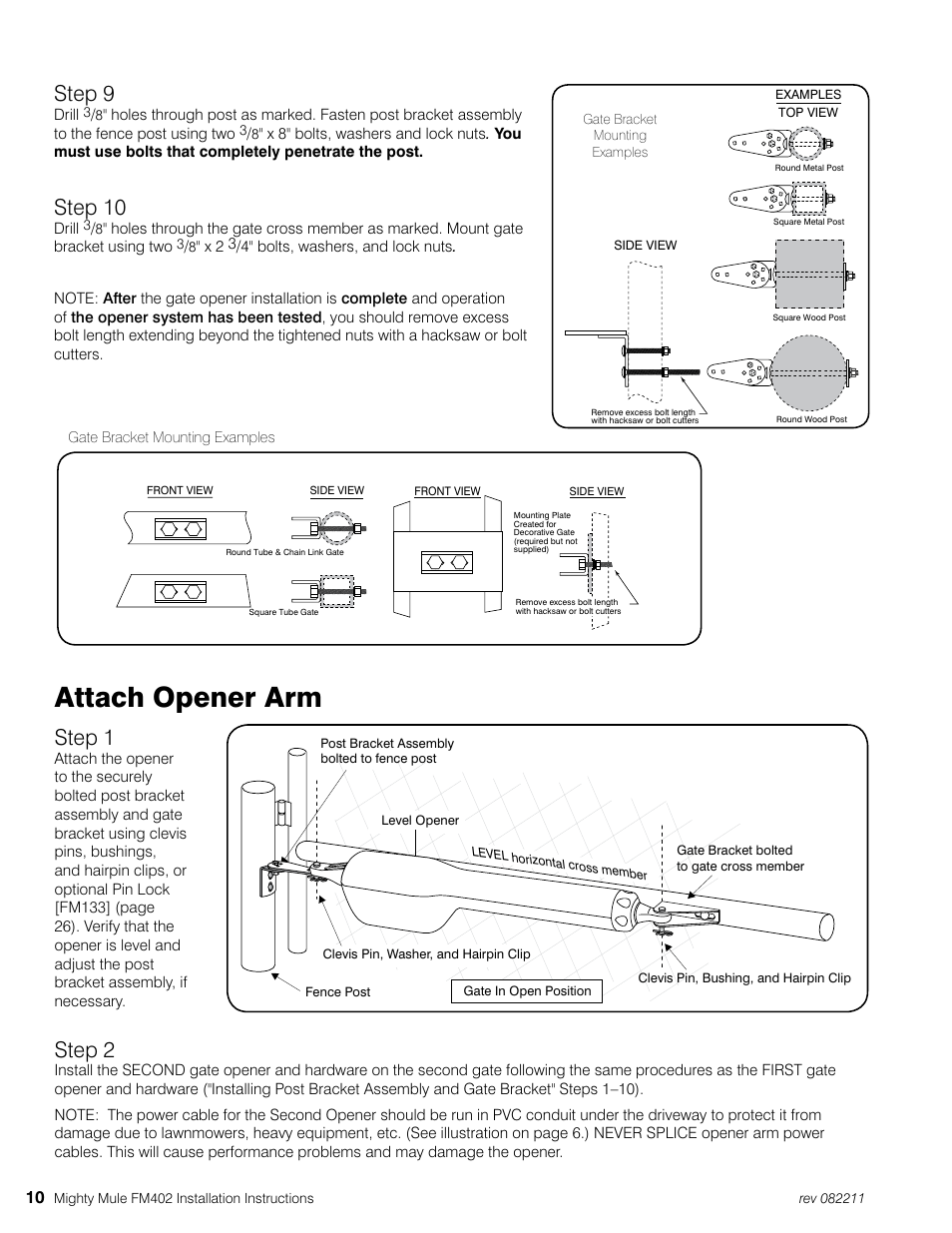 Attach opener arm, Step 9, Step 10 | Step 1, Step 2 | Mighty Mule MM402 User Manual | Page 20 / 36