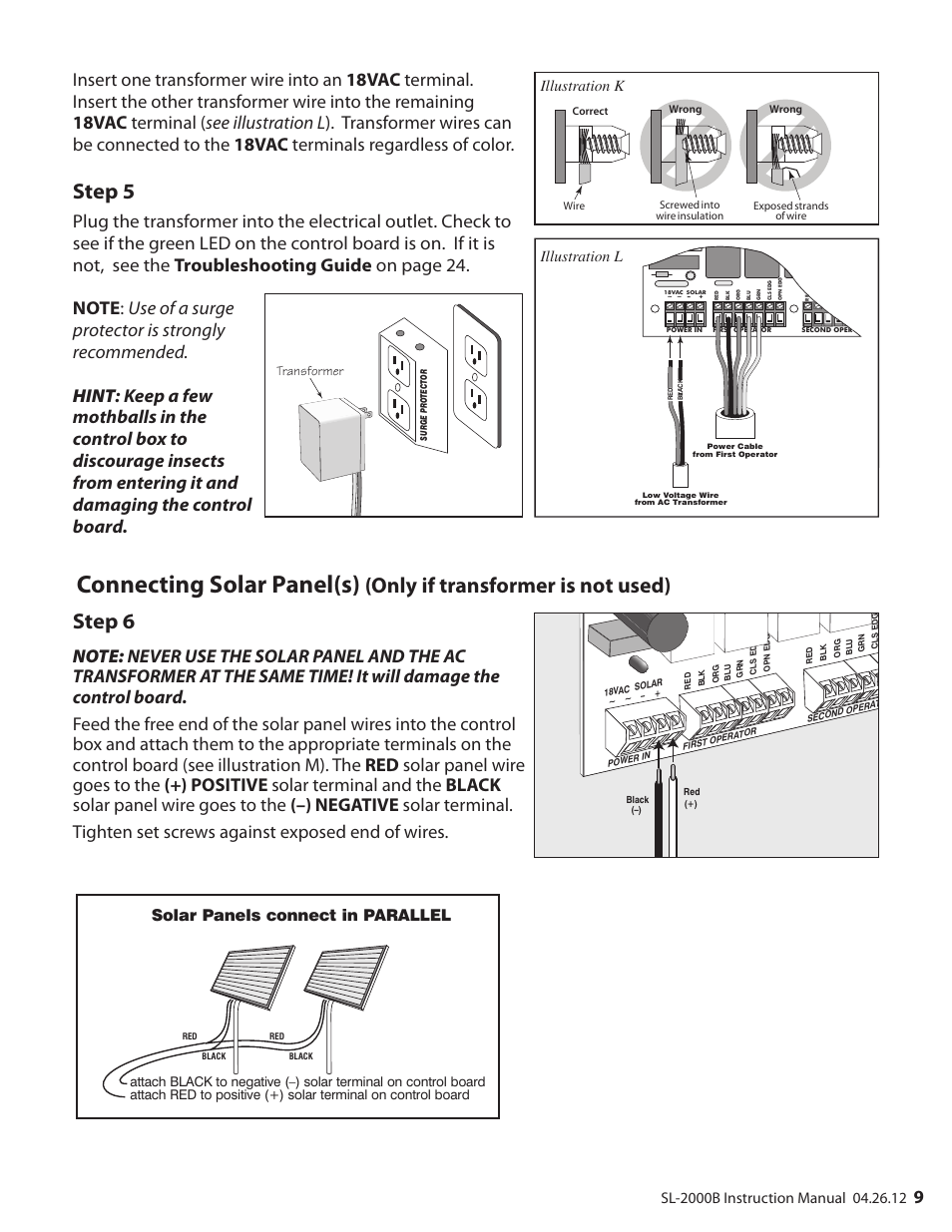Connecting solar panel(s), Only if transformer is not used), Step 5 | Step 6, Solar panels connect in parallel, Illustration k illustration l | Mighty Mule MM-SL2000B User Manual | Page 21 / 40
