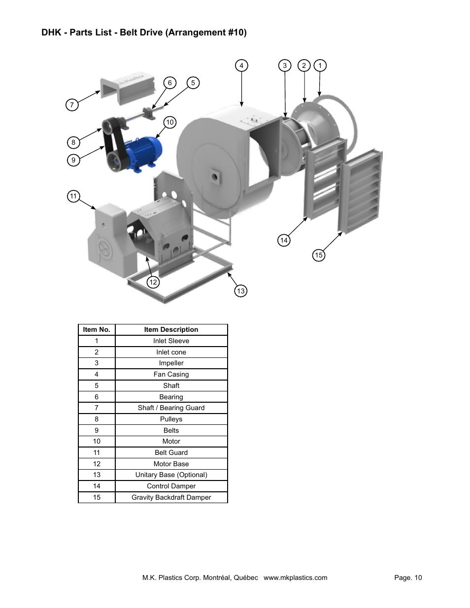 Dhk - parts list - belt drive (arrangement #10) | MK Plastics DHK-NW IO&M User Manual | Page 10 / 12