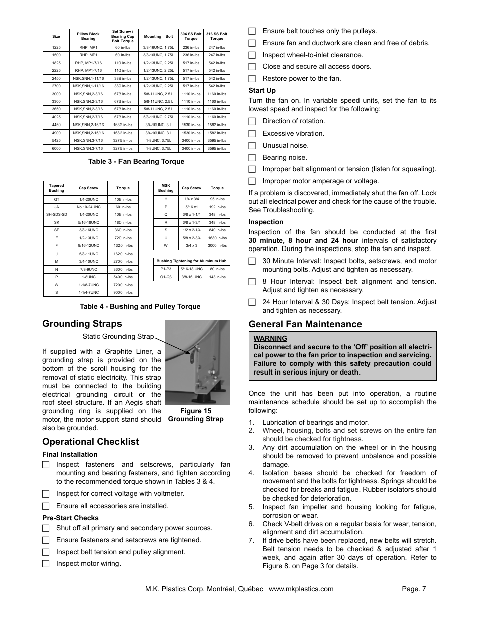 Grounding straps, Operational checklist, General fan maintenance | Table 3 - fan bearing torque, Table 4 - bushing and pulley torque | MK Plastics DHK-NW IO&M User Manual | Page 7 / 12
