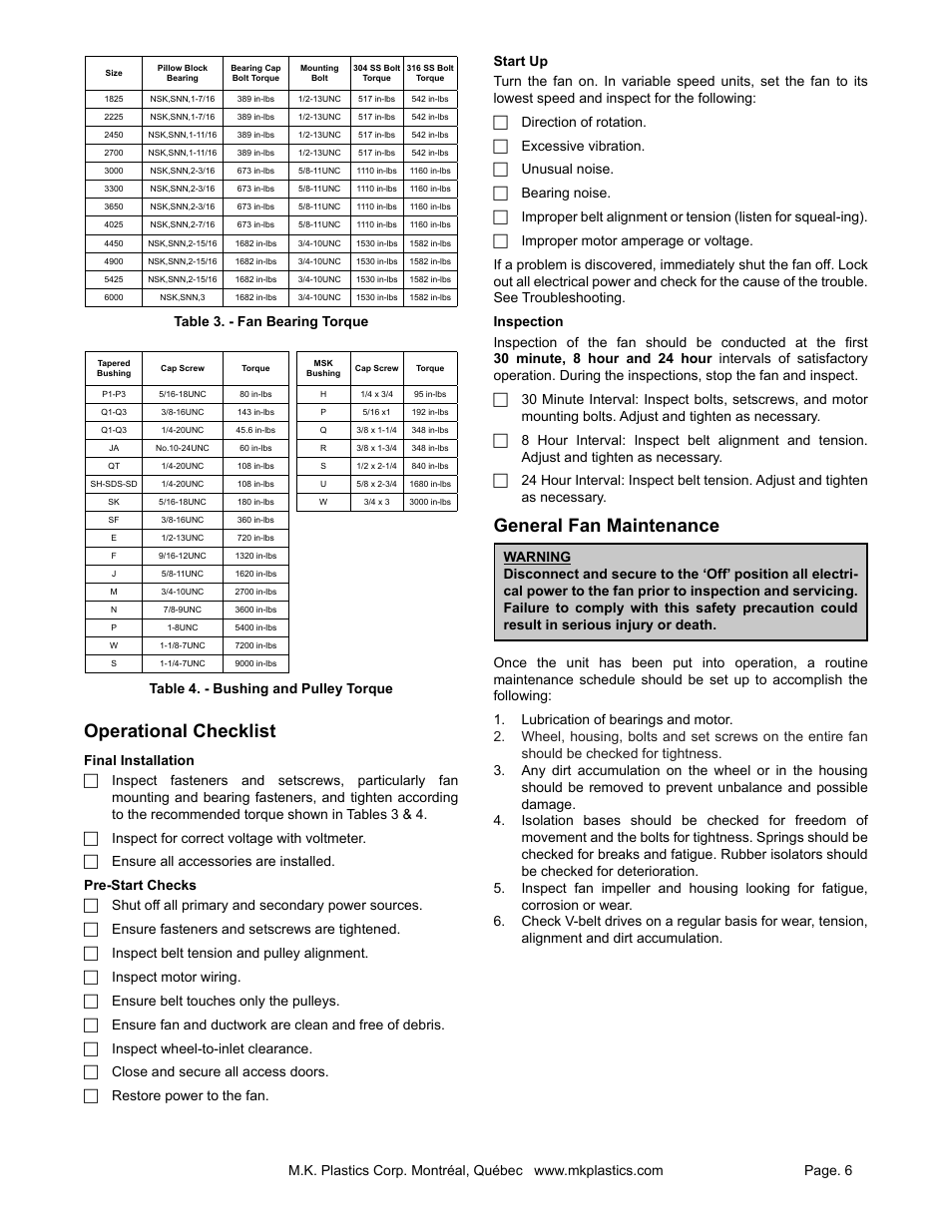 Operational checklist, General fan maintenance | MK Plastics AXTC Centrifugal Inline Fan IO&M User Manual | Page 6 / 10