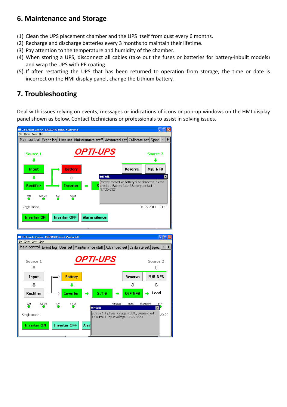 Maintenance and storage, Troubleshooting, Specifications | OPTI-UPS DS200KC33II User Manual | Page 31 / 34