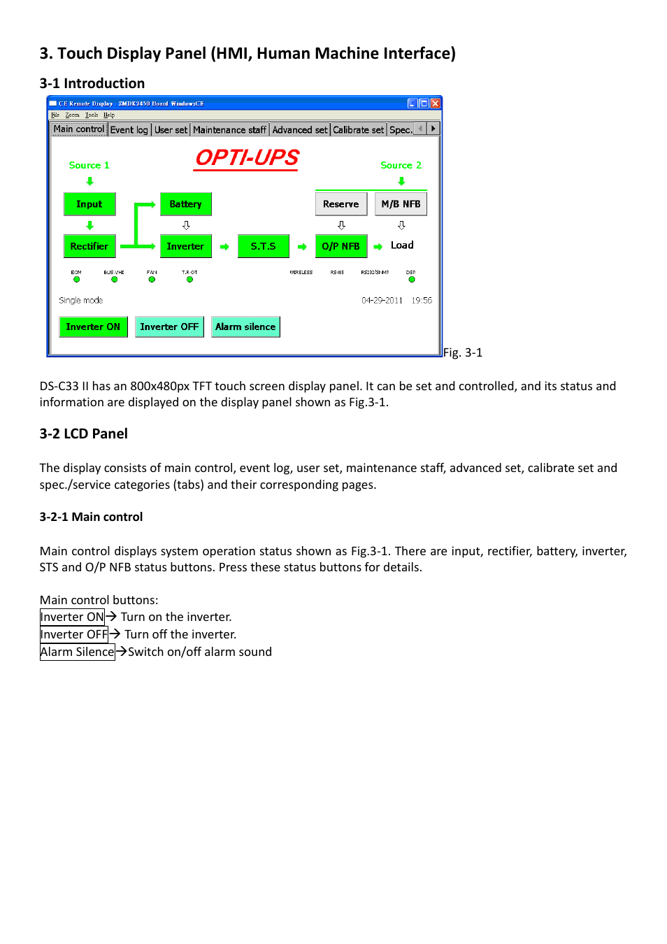 Touch display panel (hmi, human machine interface), 1 introduction, 2 lcd panel | 2-1 main control, 1 introduction 3-2 lcd panel | OPTI-UPS DS200KC33II User Manual | Page 8 / 34