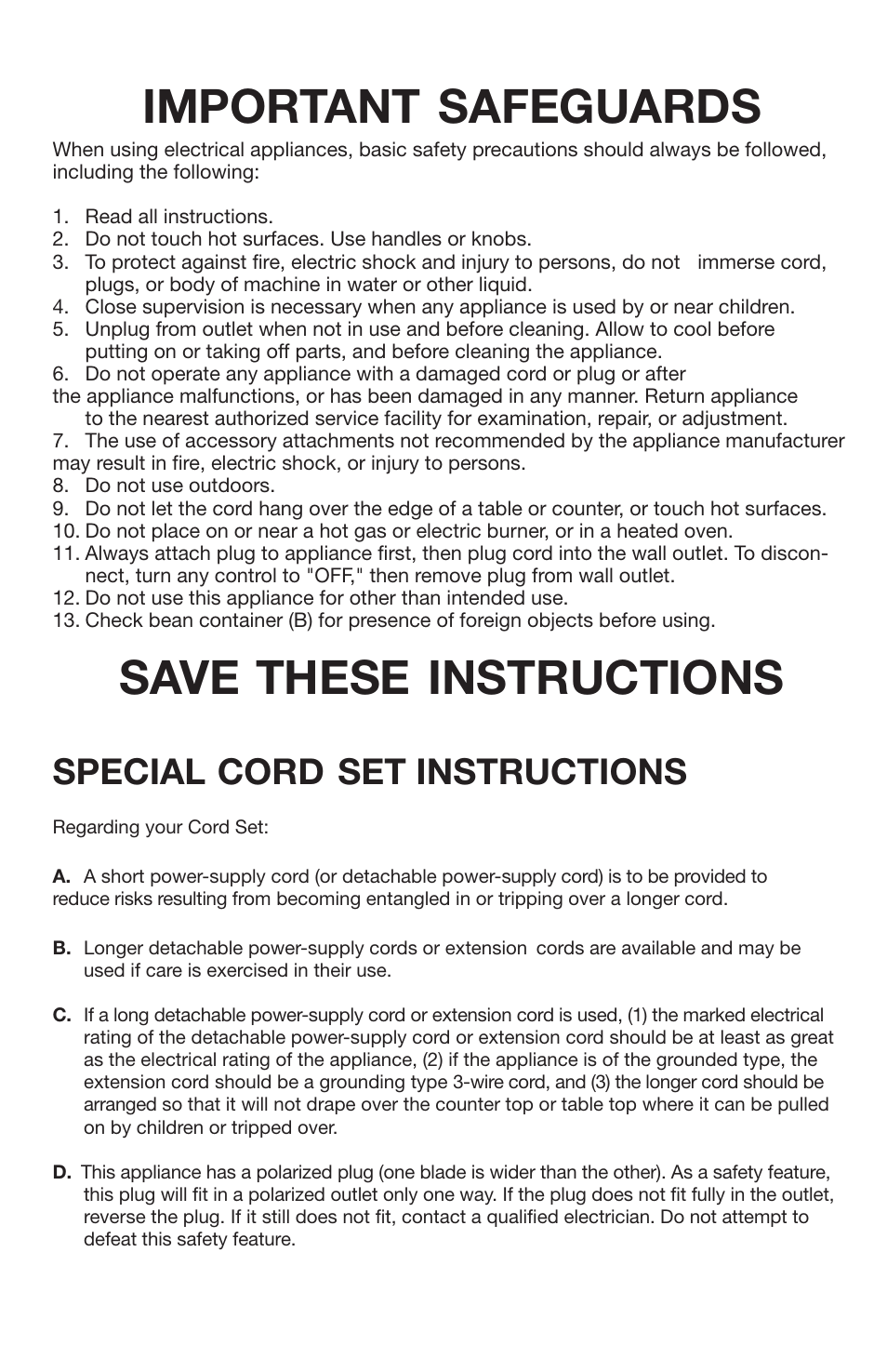 Important safeguards, Save these instructions, Special cord set instructions | Capresso 437 User Manual | Page 2 / 7