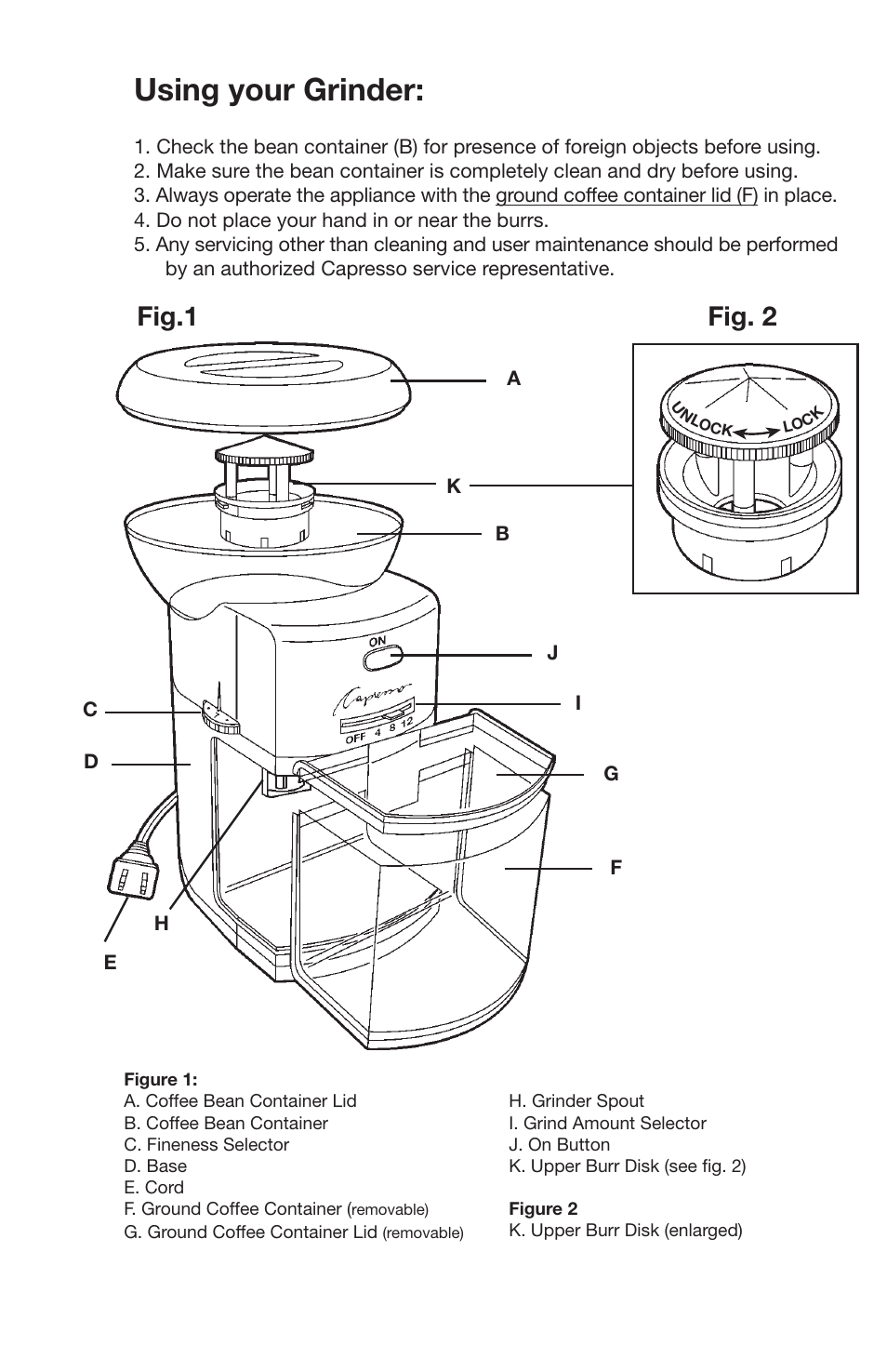 Using your grinder, Fig.1 fig. 2 | Capresso 437 User Manual | Page 3 / 7