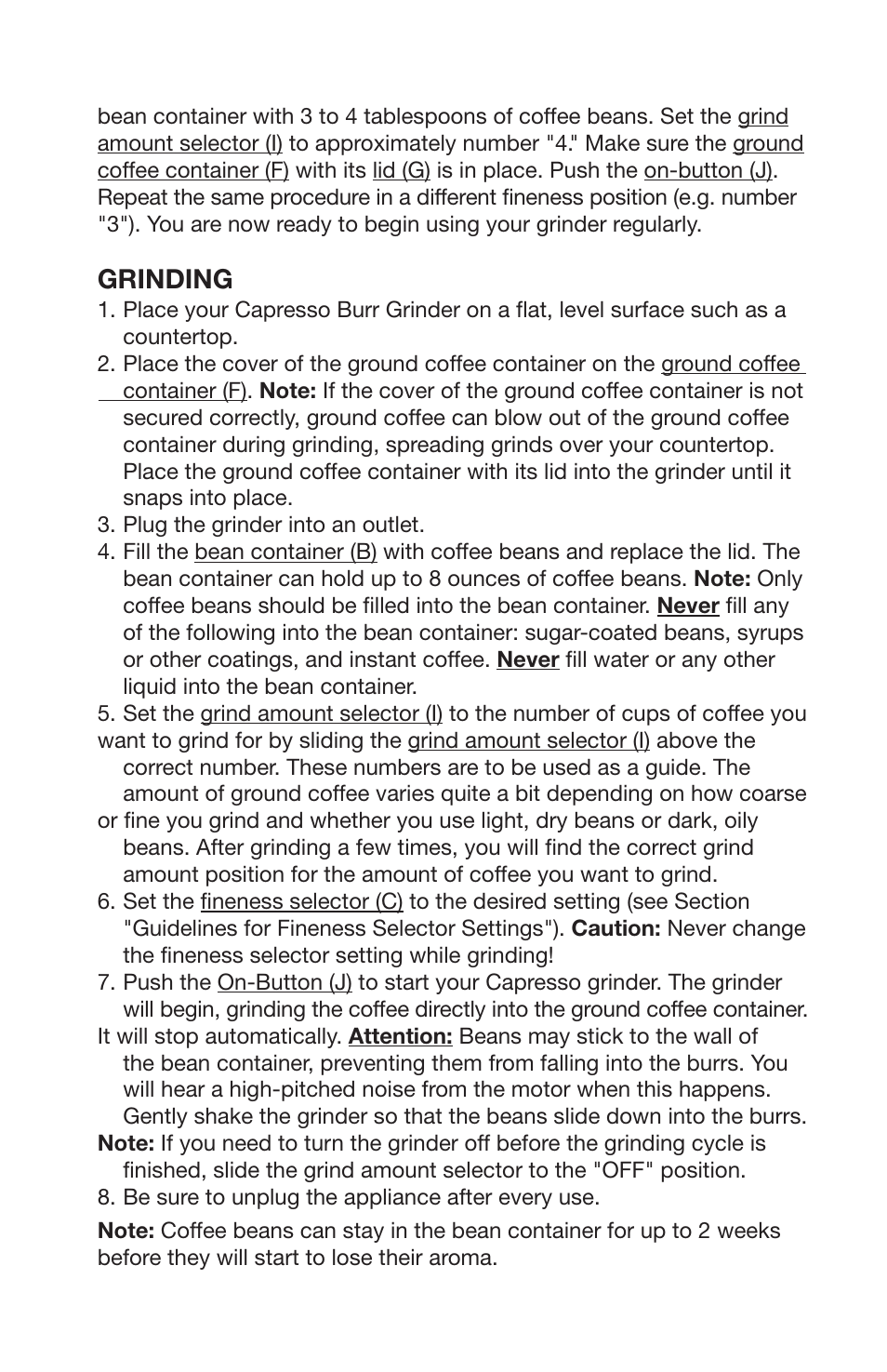 Grinding | Capresso 437 User Manual | Page 5 / 7