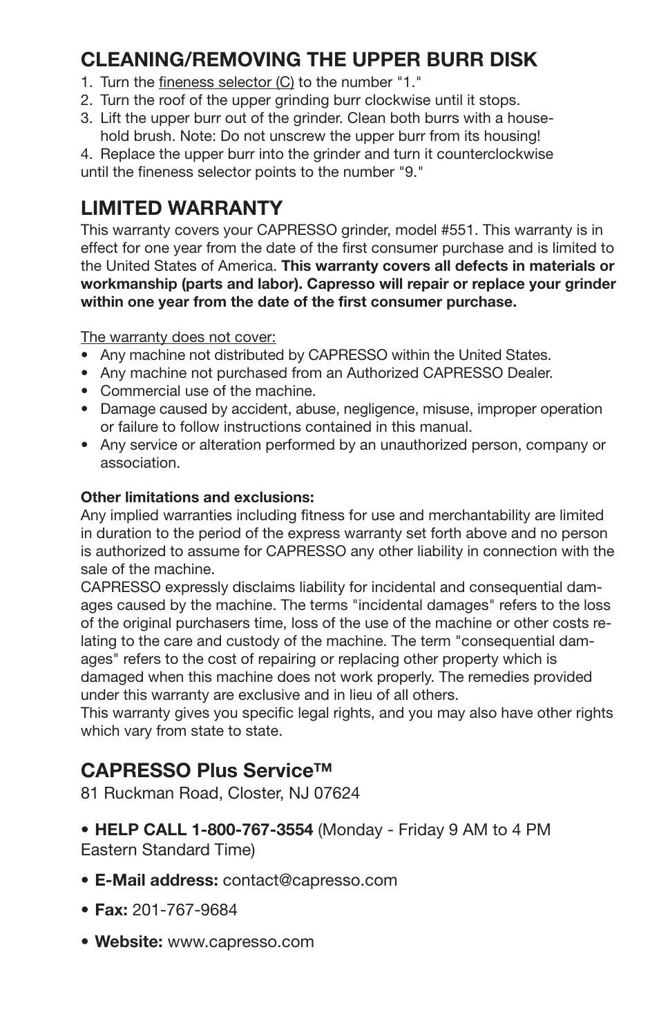 Cleaning/removing the upper burr disk, Limited warranty, Capresso plus service | Capresso 437 User Manual | Page 7 / 7