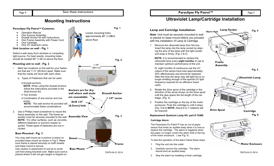 Mounting instructions, Ultraviolet lamp/cartridge installation, Save these instructions | Paraclipse fly patrol | Paraclipse Paraclips Fly Patro User Manual | Page 4 / 4
