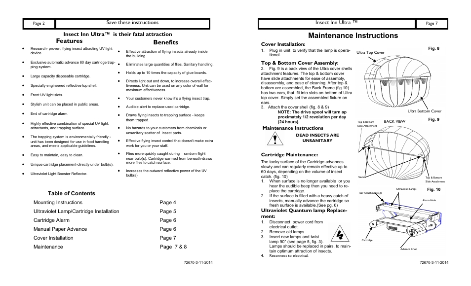 Maintenance instructions, Features, Benefits | Table of contents save these instructions, Insect inn ultra™ is their fatal attraction, Insect inn ultra | Paraclipse Insect Inn Ultra I User Manual | Page 2 / 4