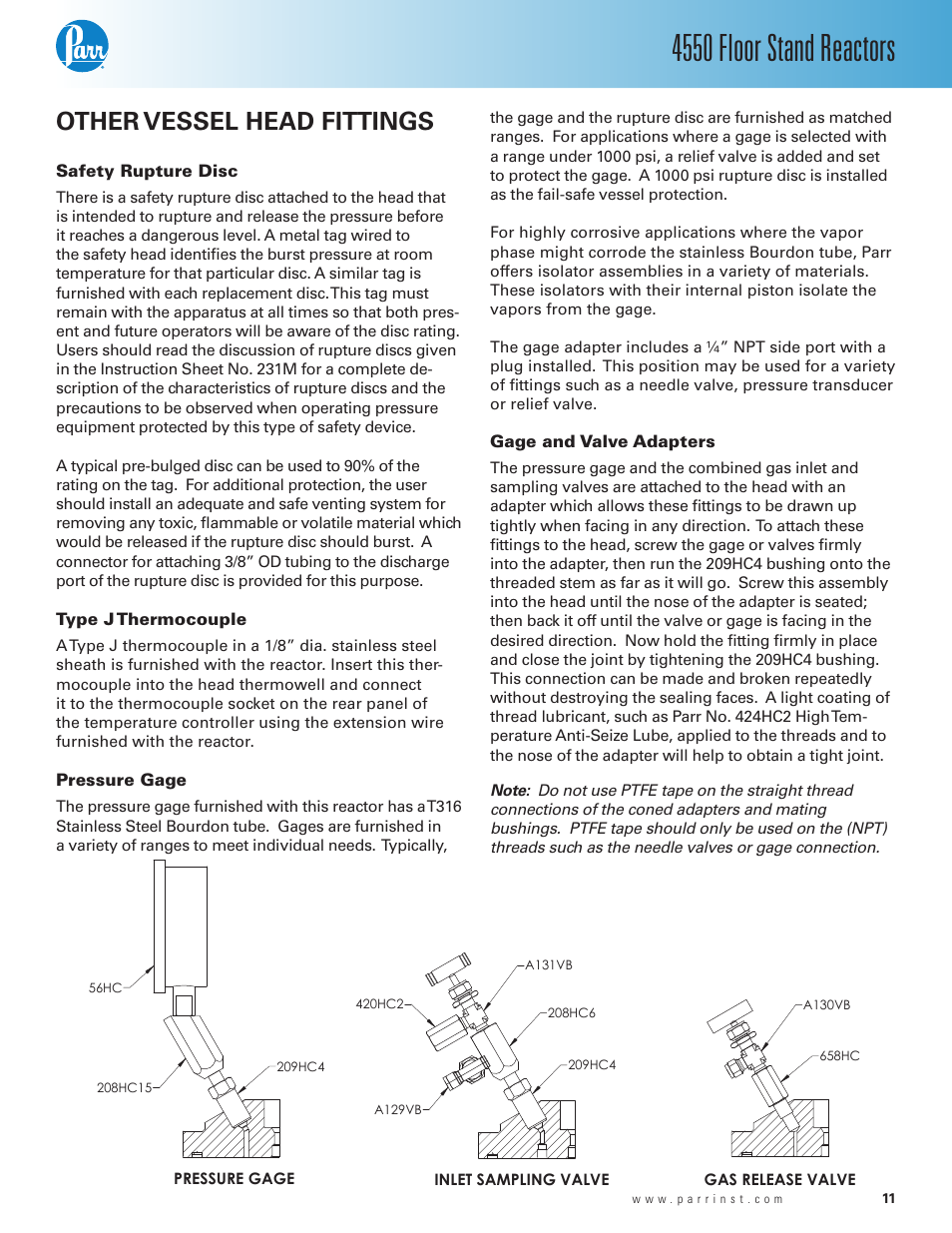 Other vessel head fittings, Safety rupture disc, Type j thermocouple | Pressure gage, Gage and valve adapters, 4550 floor stand reactors, Gas release valve, Inlet sampling valve | Parr Instrument Series 4550 User Manual | Page 11 / 28