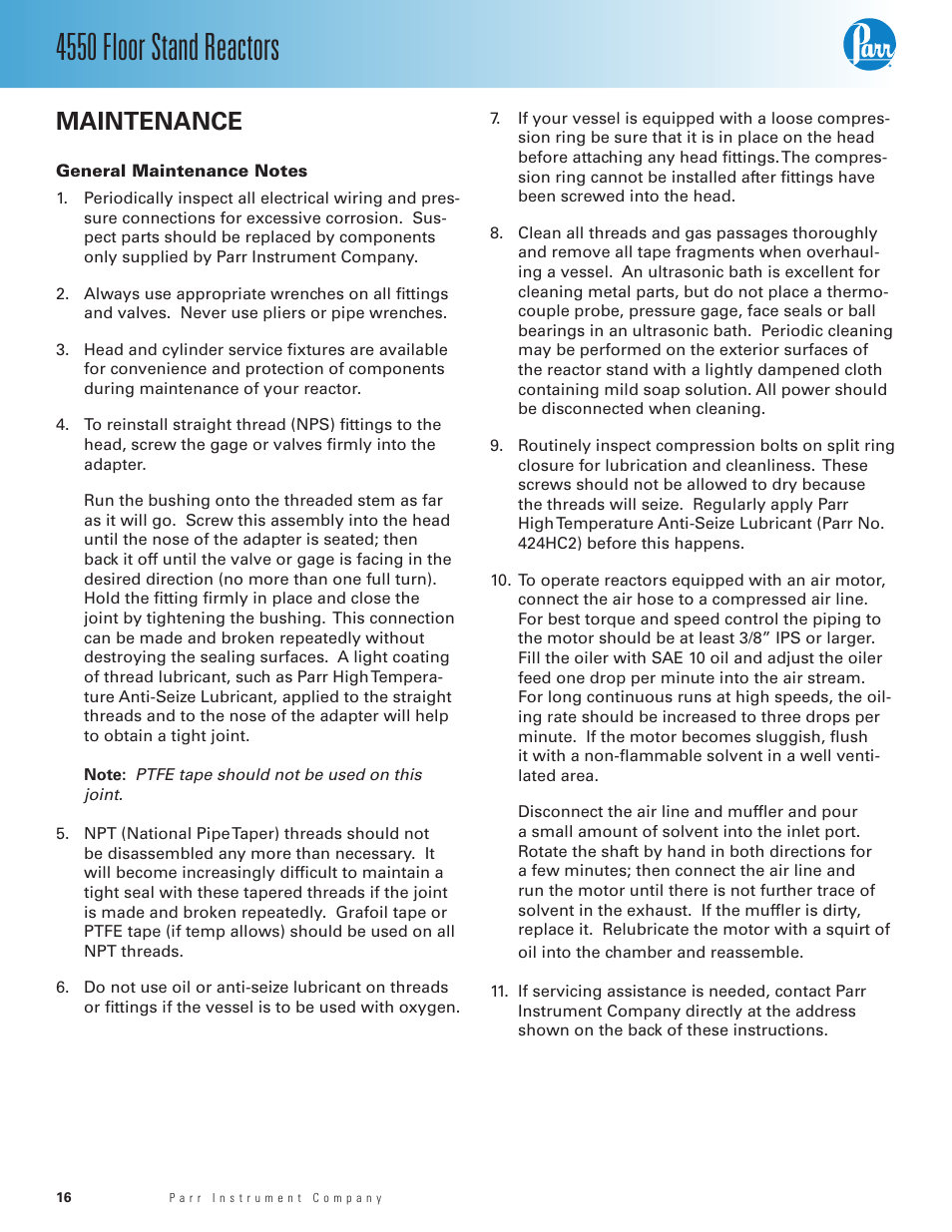 Maintenance, General maintenance notes, 4550 floor stand reactors | Parr Instrument Series 4550 User Manual | Page 16 / 28
