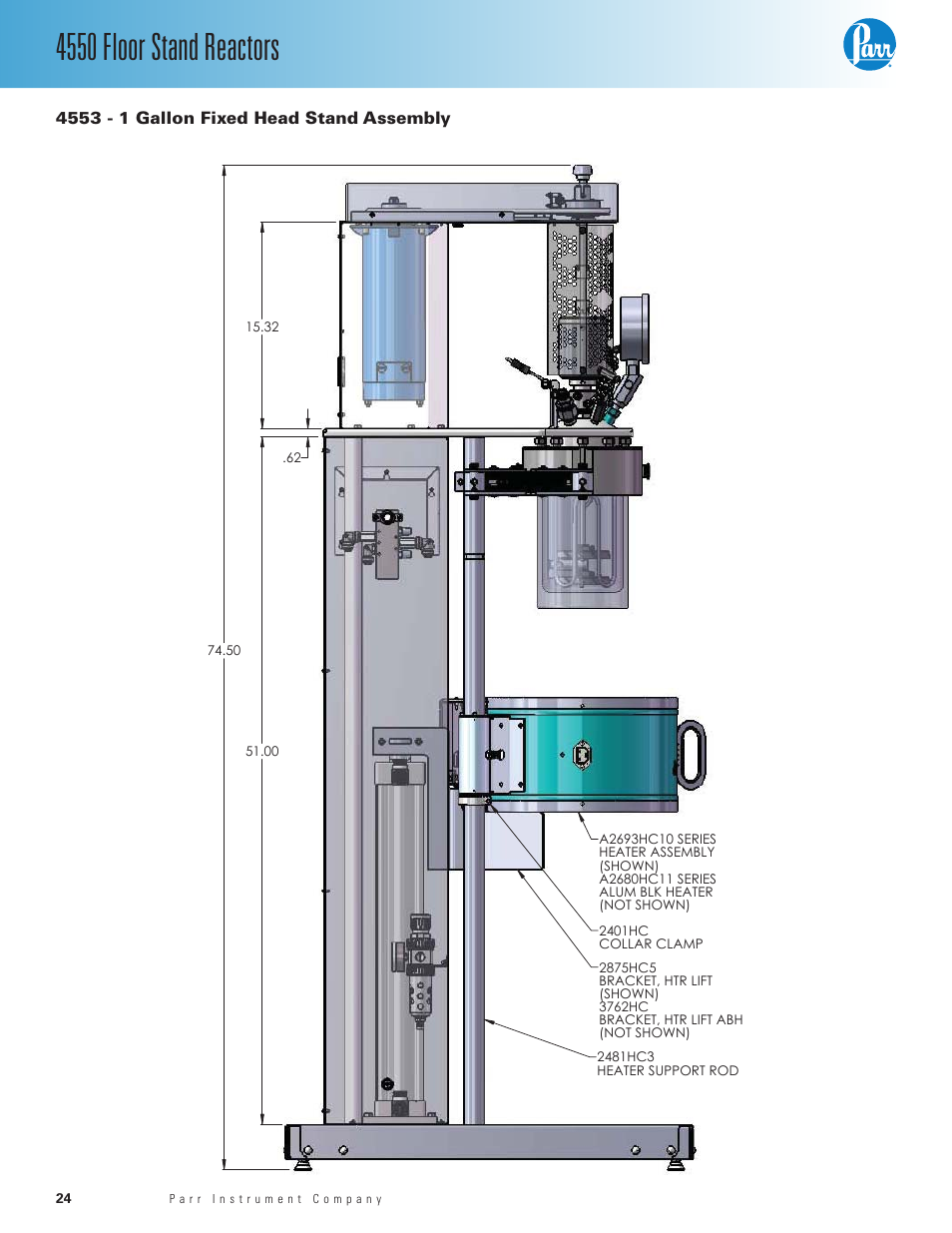 Drawings, 4553 - 1 gallon fixed head stand assembly, 4550 floor stand reactors | Parr Instrument Series 4550 User Manual | Page 24 / 28
