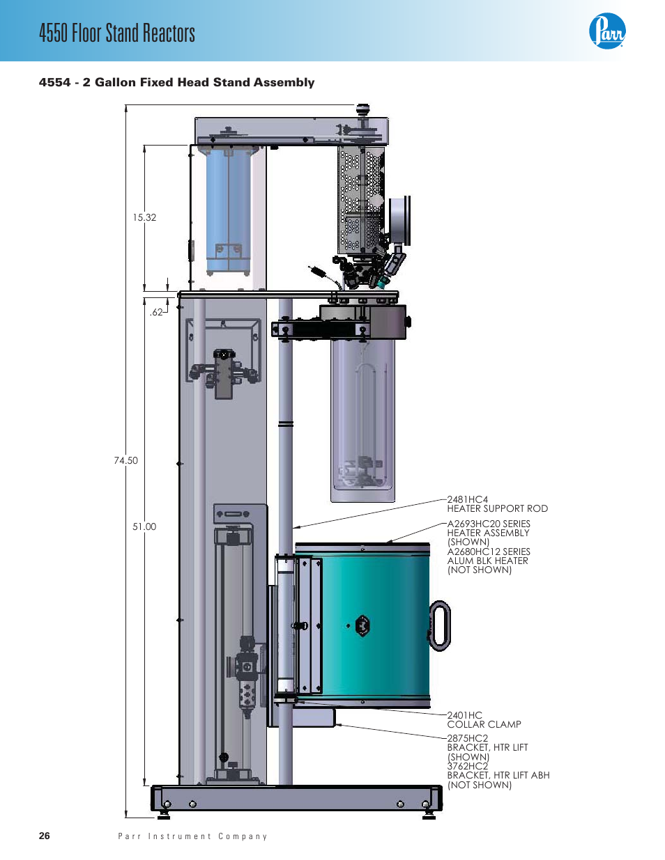 4554 - 2 gallon fixed head stand assembly, 4550 floor stand reactors | Parr Instrument Series 4550 User Manual | Page 26 / 28