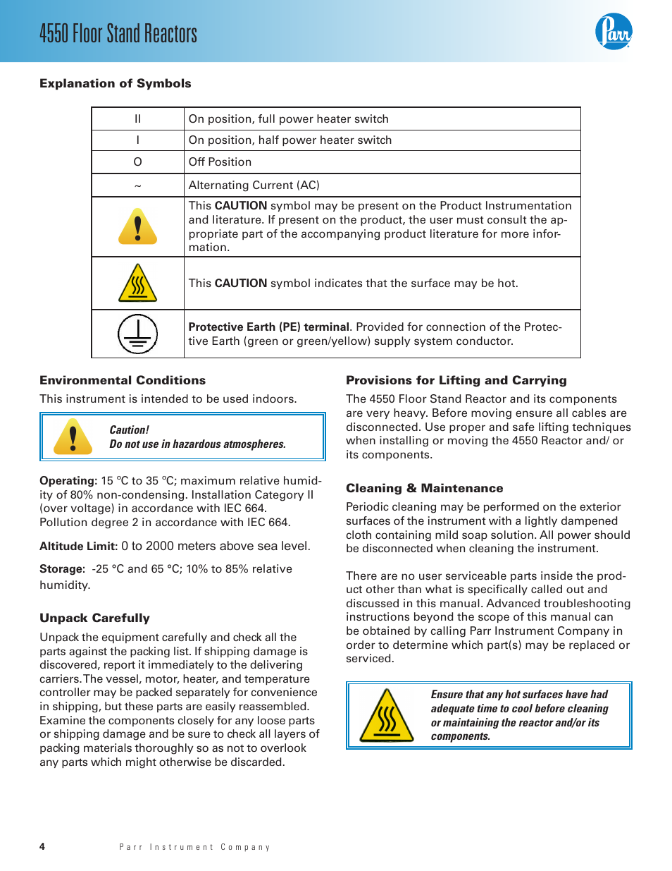 Explanation of symbols, Environmental conditions, Unpack carefully | Provisions for lifting and carrying, Cleaning & maintenance, 4550 floor stand reactors | Parr Instrument Series 4550 User Manual | Page 4 / 28