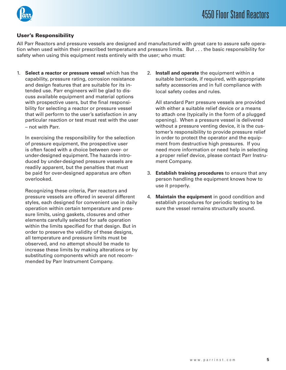User’s responsibility, 4550 floor stand reactors | Parr Instrument Series 4550 User Manual | Page 5 / 28