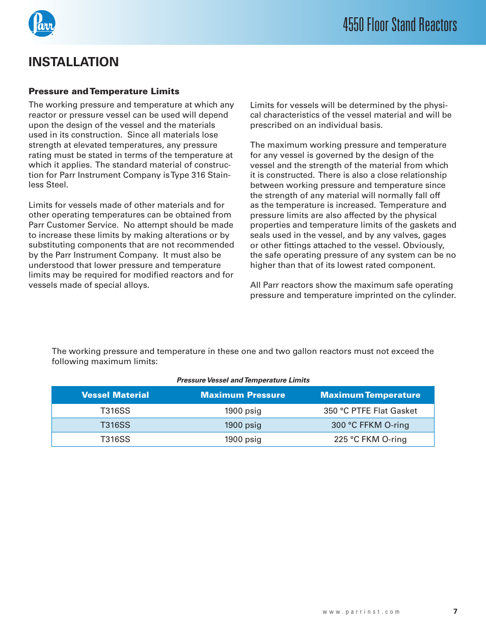 Installation, Pressure and temperature limits, 4550 floor stand reactors | Parr Instrument Series 4550 User Manual | Page 7 / 28
