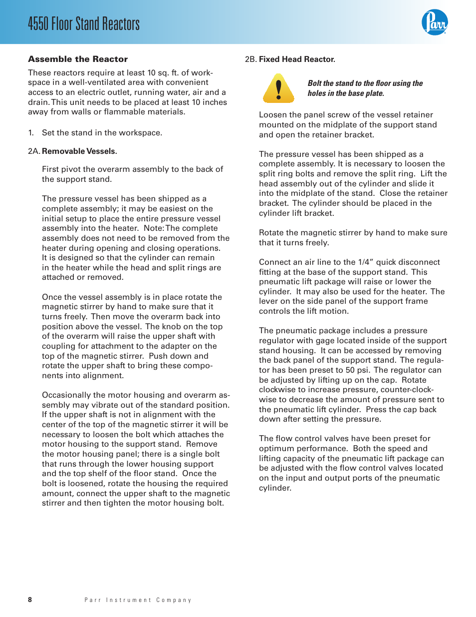 Assemble the reactor, 4550 floor stand reactors | Parr Instrument Series 4550 User Manual | Page 8 / 28