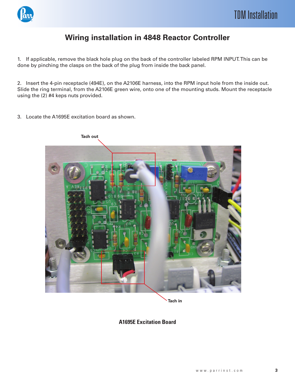 Wiring installation in 4848 reactor controller, Tdm installation | Parr Instrument TDM User Manual | Page 3 / 8