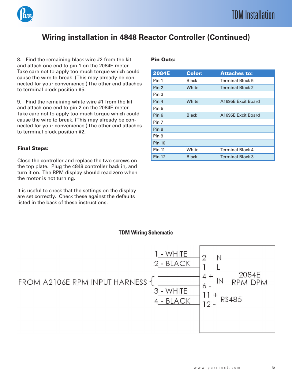 Tdm wiring schematic, Tdm installation | Parr Instrument TDM User Manual | Page 5 / 8