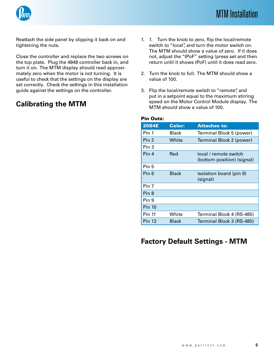 Mtm installation, Calibrating the mtm, Factory default settings - mtm | Parr Instrument MTM User Manual | Page 5 / 8