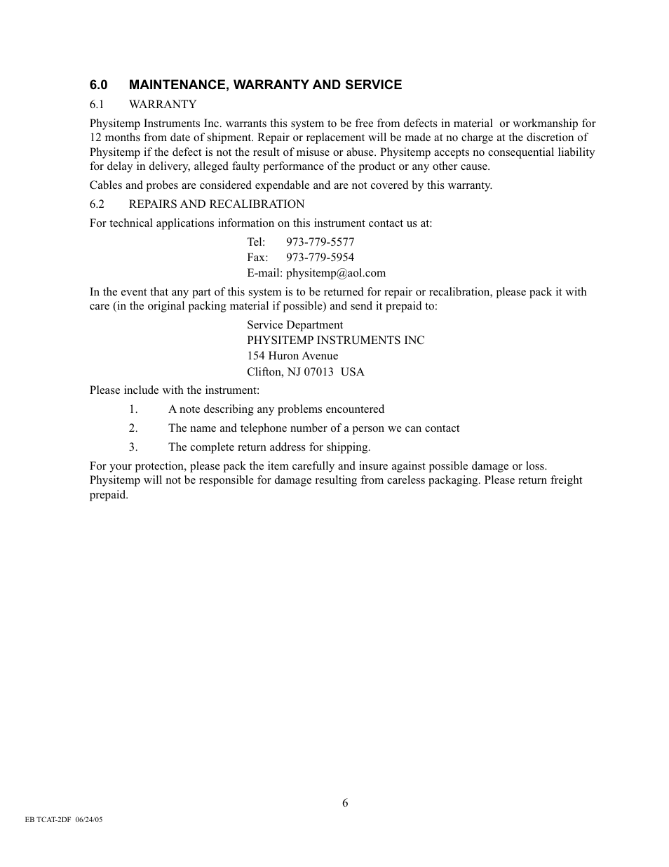 Physitemp Instruments TCAT-2DF Until SN9763 User Manual | Page 6 / 11