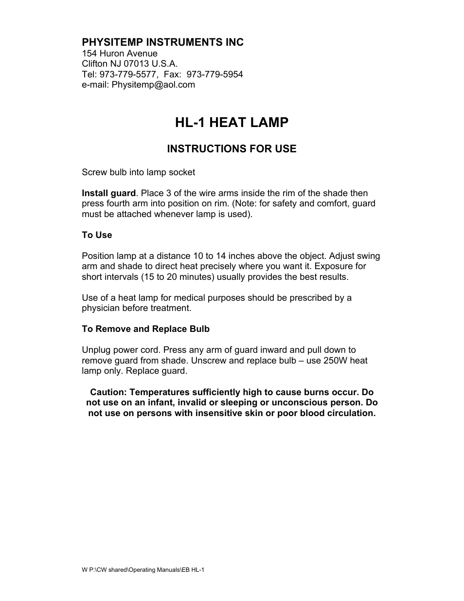 Physitemp Instruments EB HL1 User Manual | 1 page