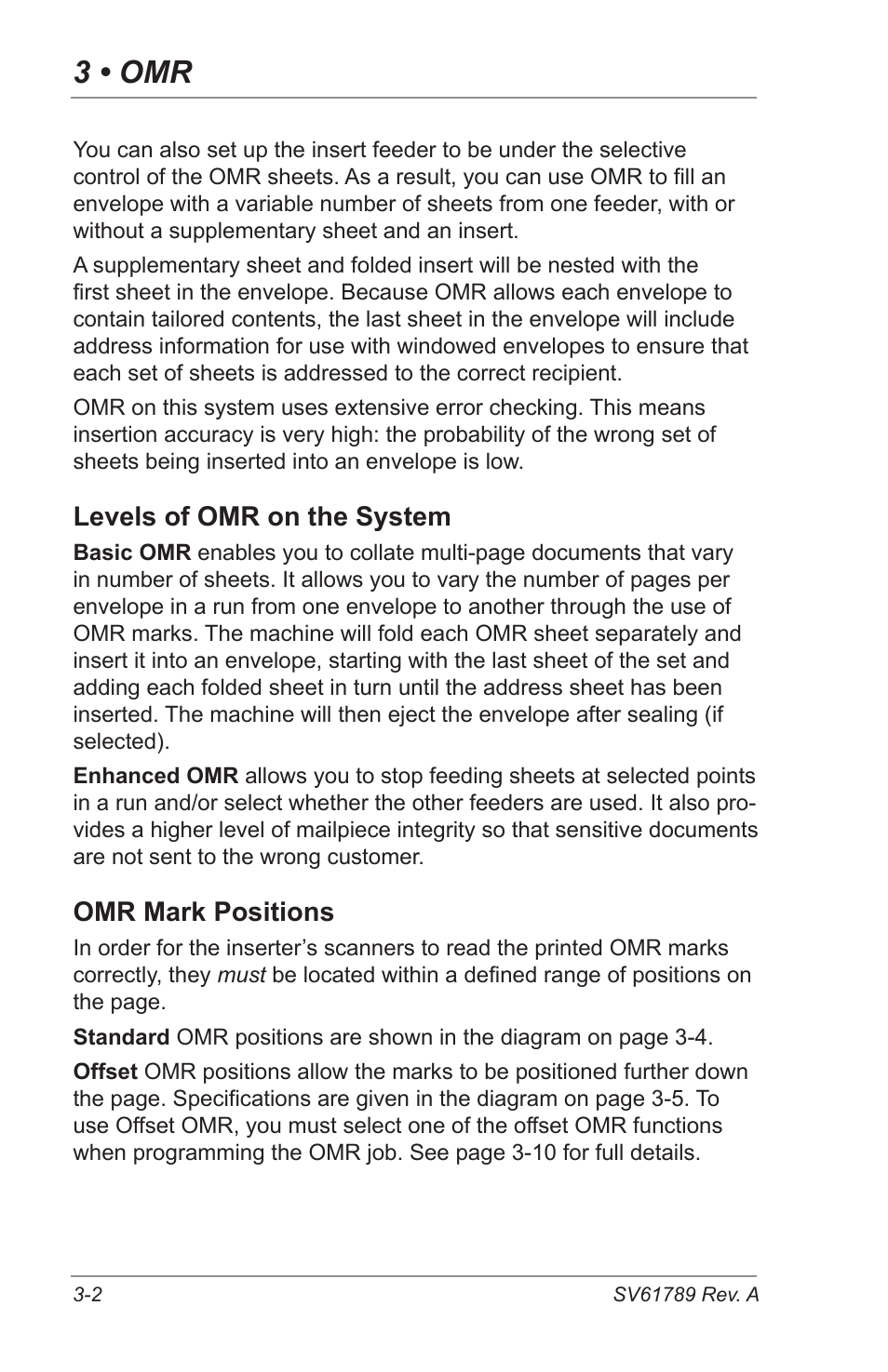 3 • omr, Levels of omr on the system, Omr mark positions | Pitney Bowes DI380 OfficeRight Systems User Manual | Page 42 / 104