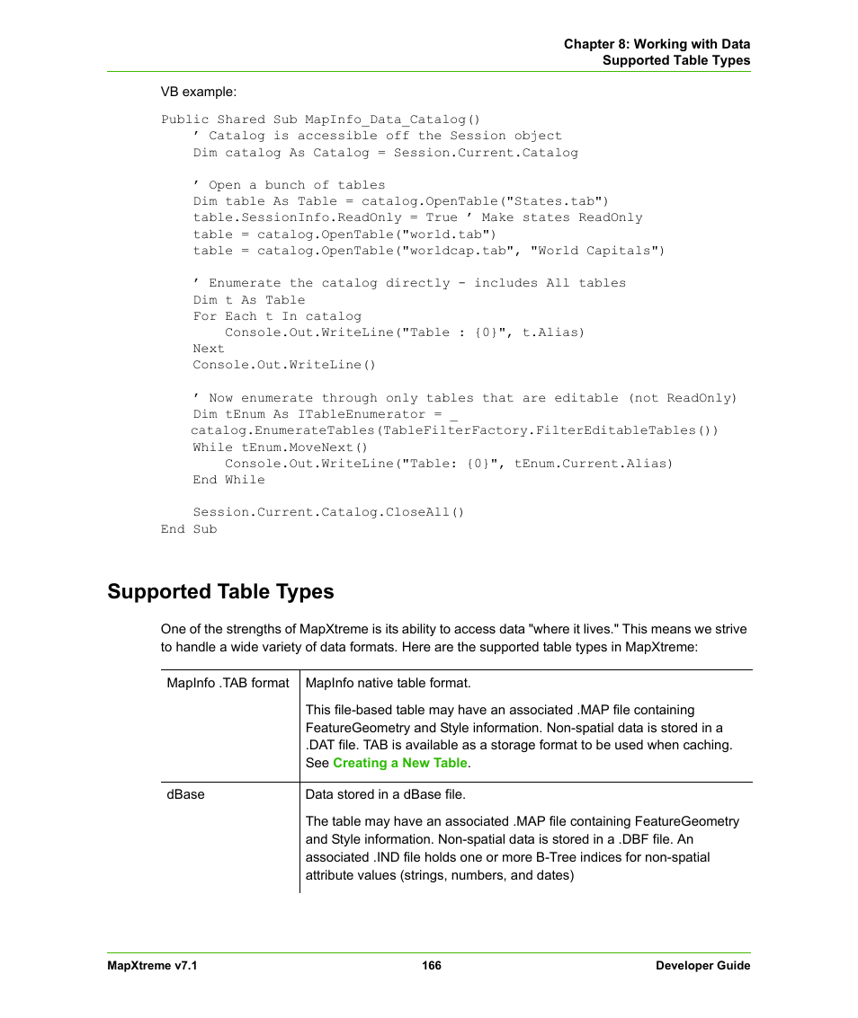 Supported table types | Pitney Bowes MapXtreme User Manual | Page 159 / 640
