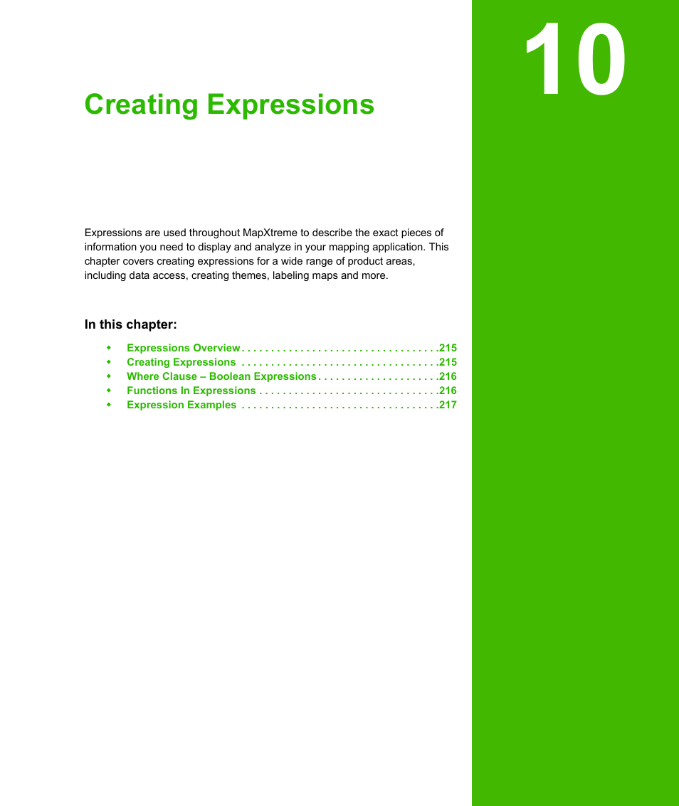 Chapter 10: creating expressions, Chapter 10: creating, Expressions | Creating expressions | Pitney Bowes MapXtreme User Manual | Page 207 / 640