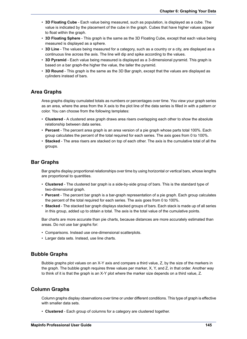 Area graphs, Bar graphs, Bubble graphs | Column graphs | Pitney Bowes MapInfo Professional User Manual | Page 145 / 540
