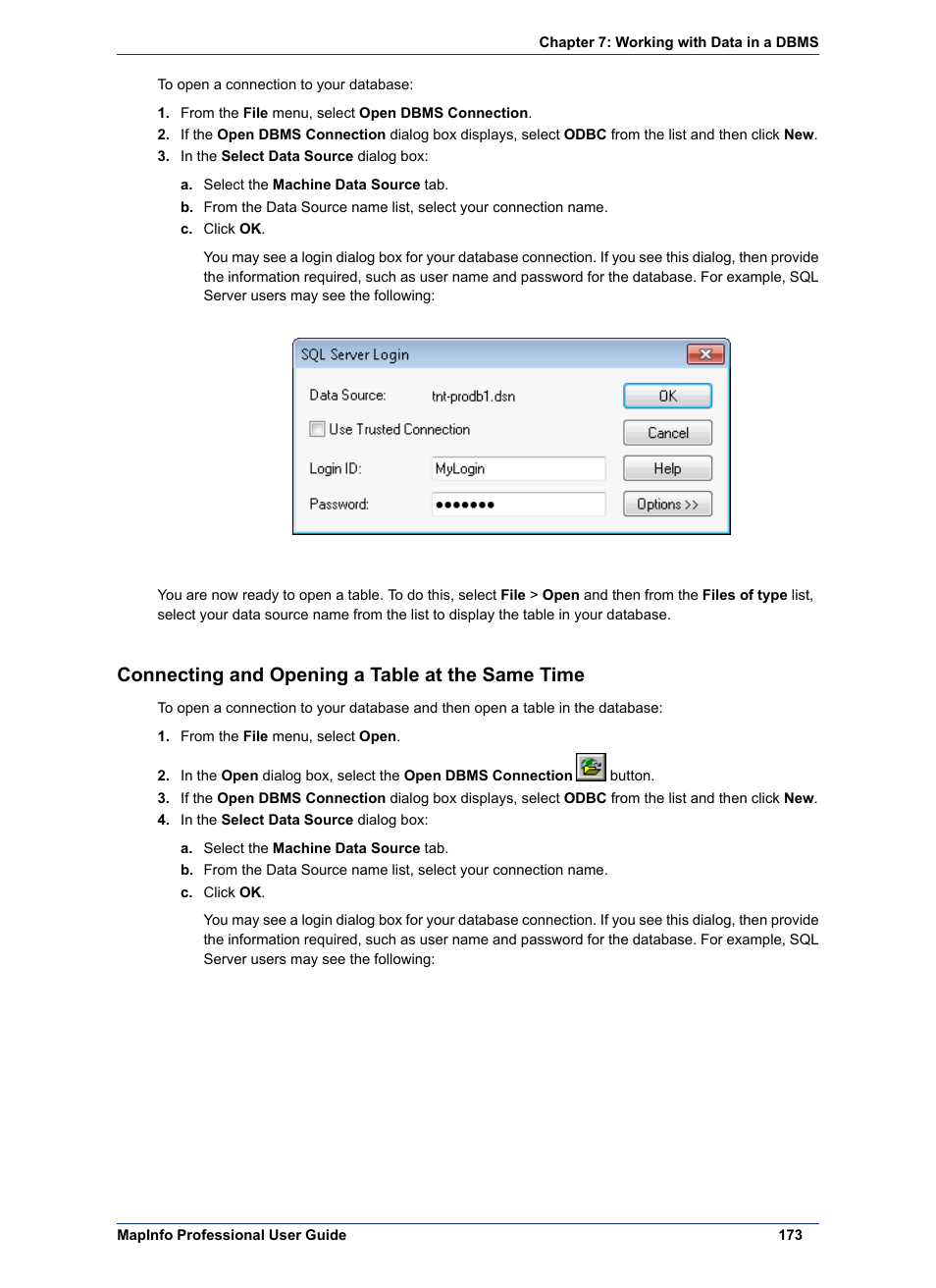 Connecting and opening a table at the same time | Pitney Bowes MapInfo Professional User Manual | Page 173 / 540