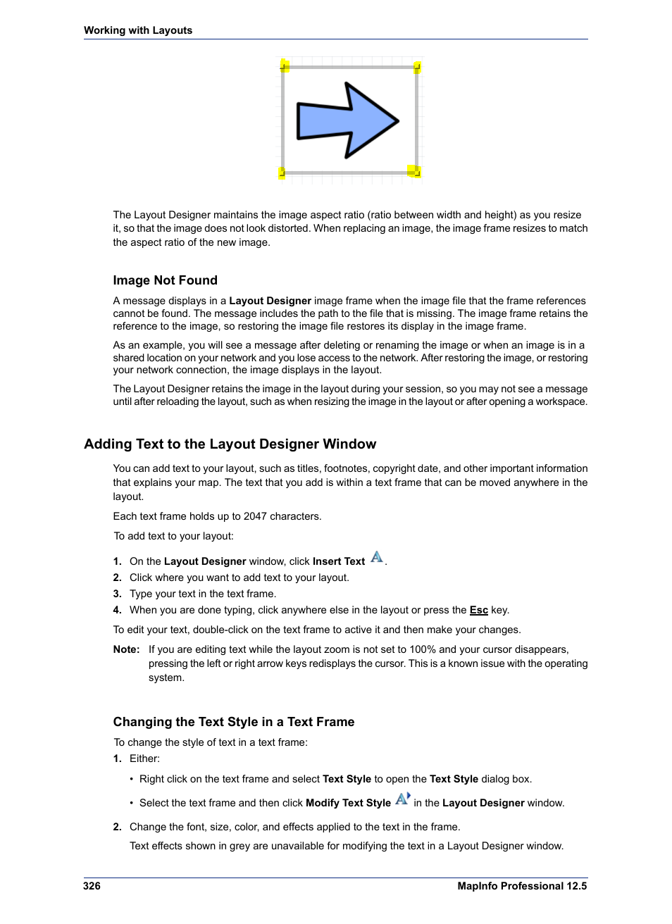 Image not found, Adding text to the layout designer window, Changing the text style in a text frame | Pitney Bowes MapInfo Professional User Manual | Page 326 / 540