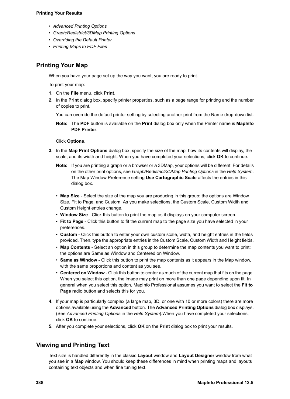 Printing your map, Viewing and printing text | Pitney Bowes MapInfo Professional User Manual | Page 388 / 540