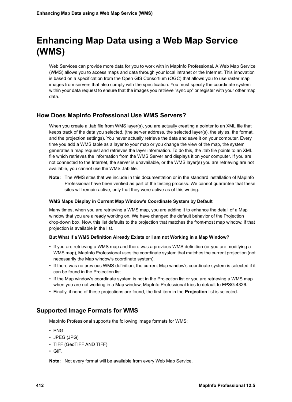 Enhancing map data using a web map service (wms), How does mapinfo professional use wms servers, Supported image formats for wms | Pitney Bowes MapInfo Professional User Manual | Page 412 / 540