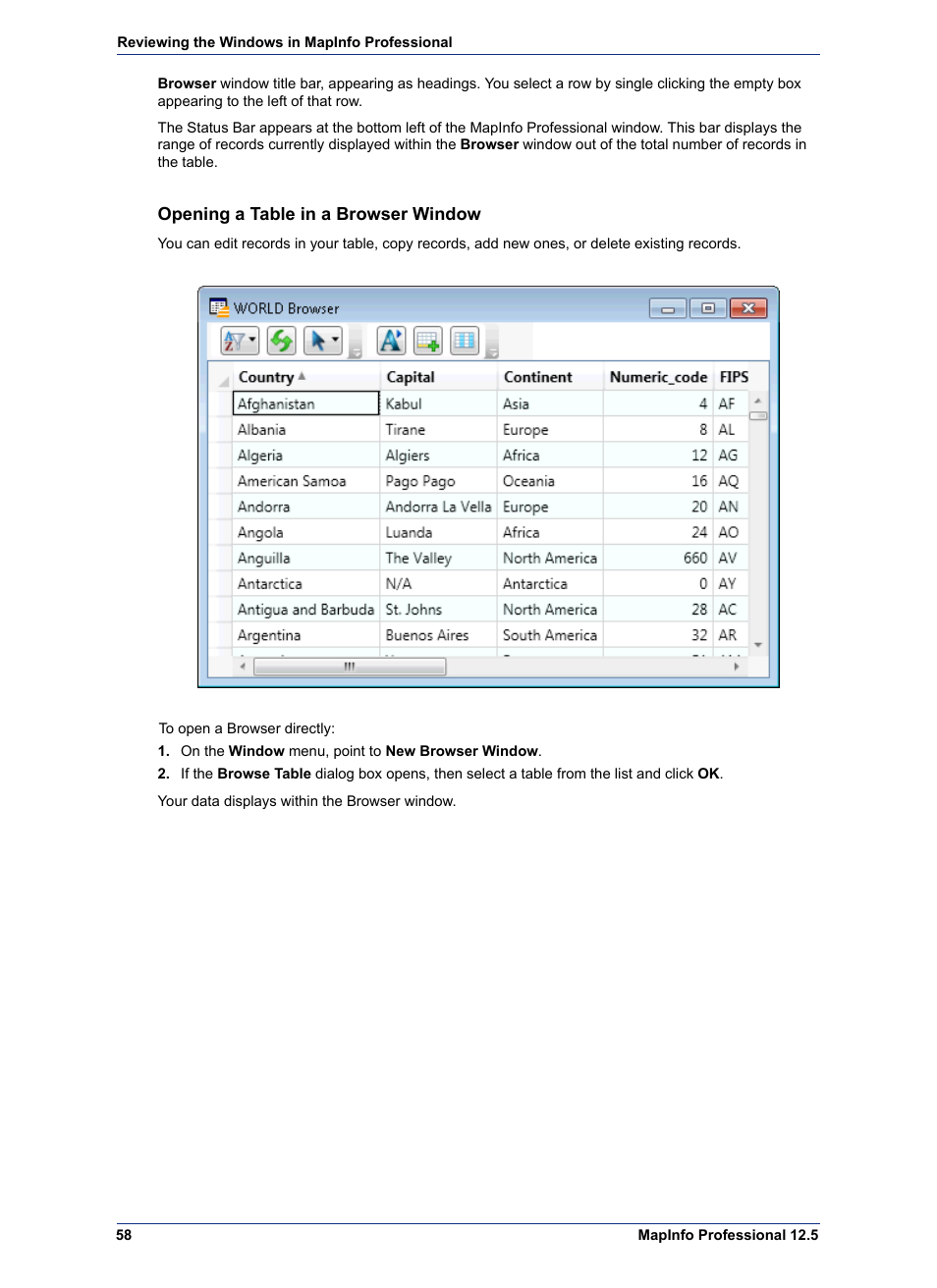 Opening a table in a browser window | Pitney Bowes MapInfo Professional User Manual | Page 58 / 540