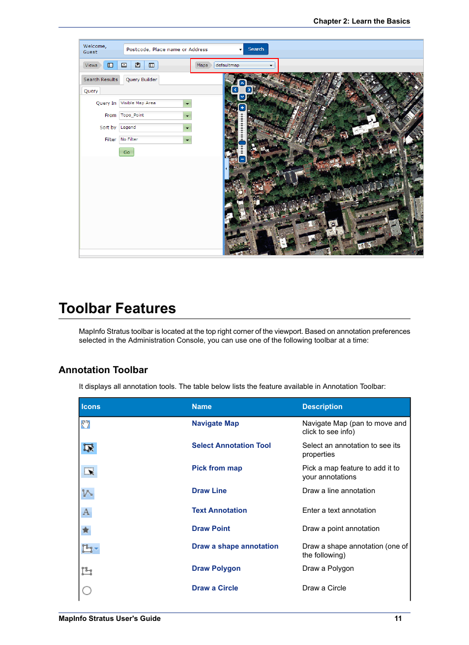 Toolbar features, Annotation toolbar | Pitney Bowes MapInfo Stratus User Manual | Page 11 / 48