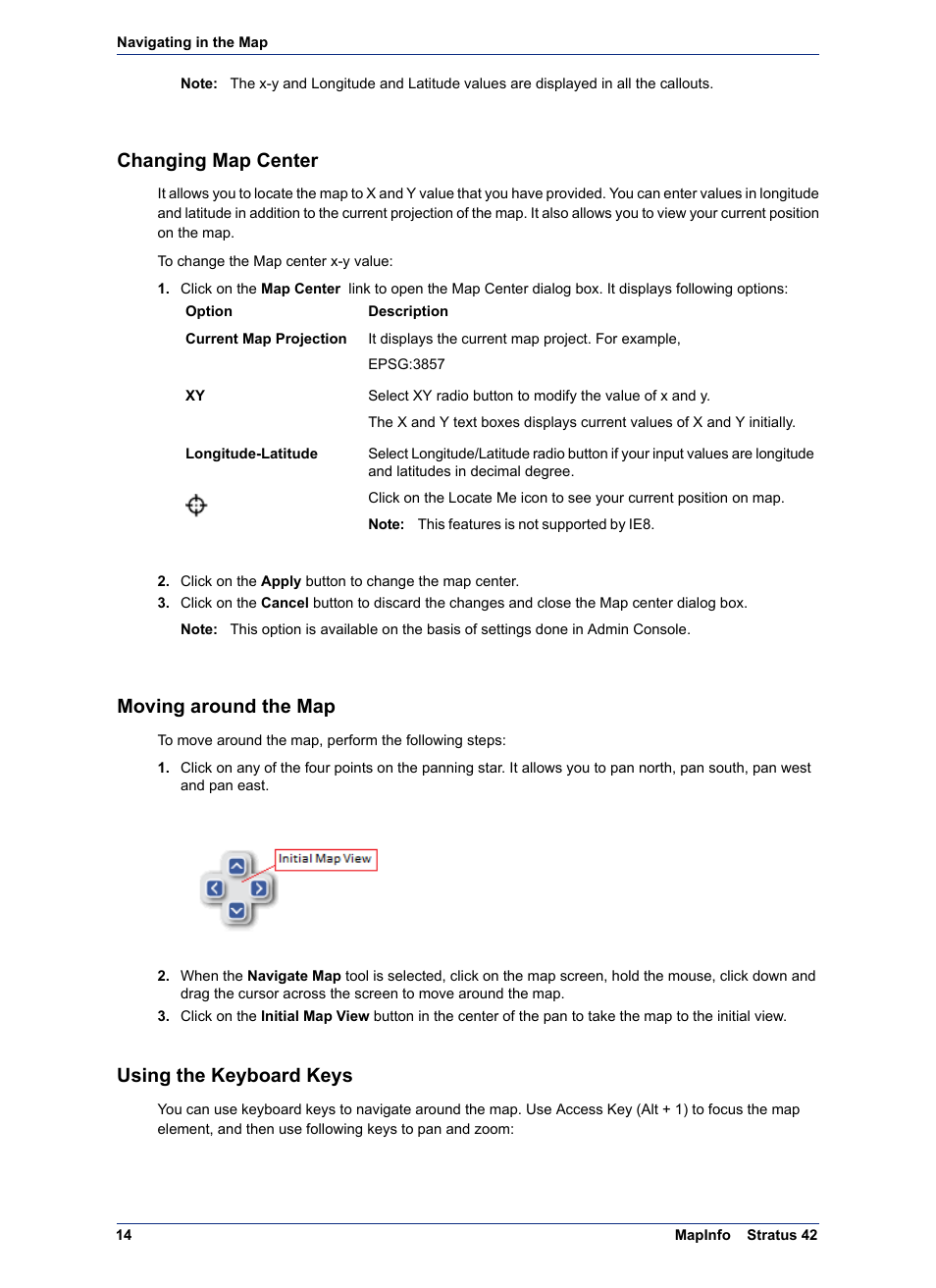 Changing map center, Moving around the map, Using the keyboard keys | Pitney Bowes MapInfo Stratus User Manual | Page 14 / 48