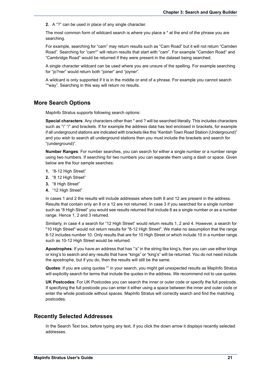 More search options, Recently selected addresses | Pitney Bowes MapInfo Stratus User Manual | Page 21 / 48