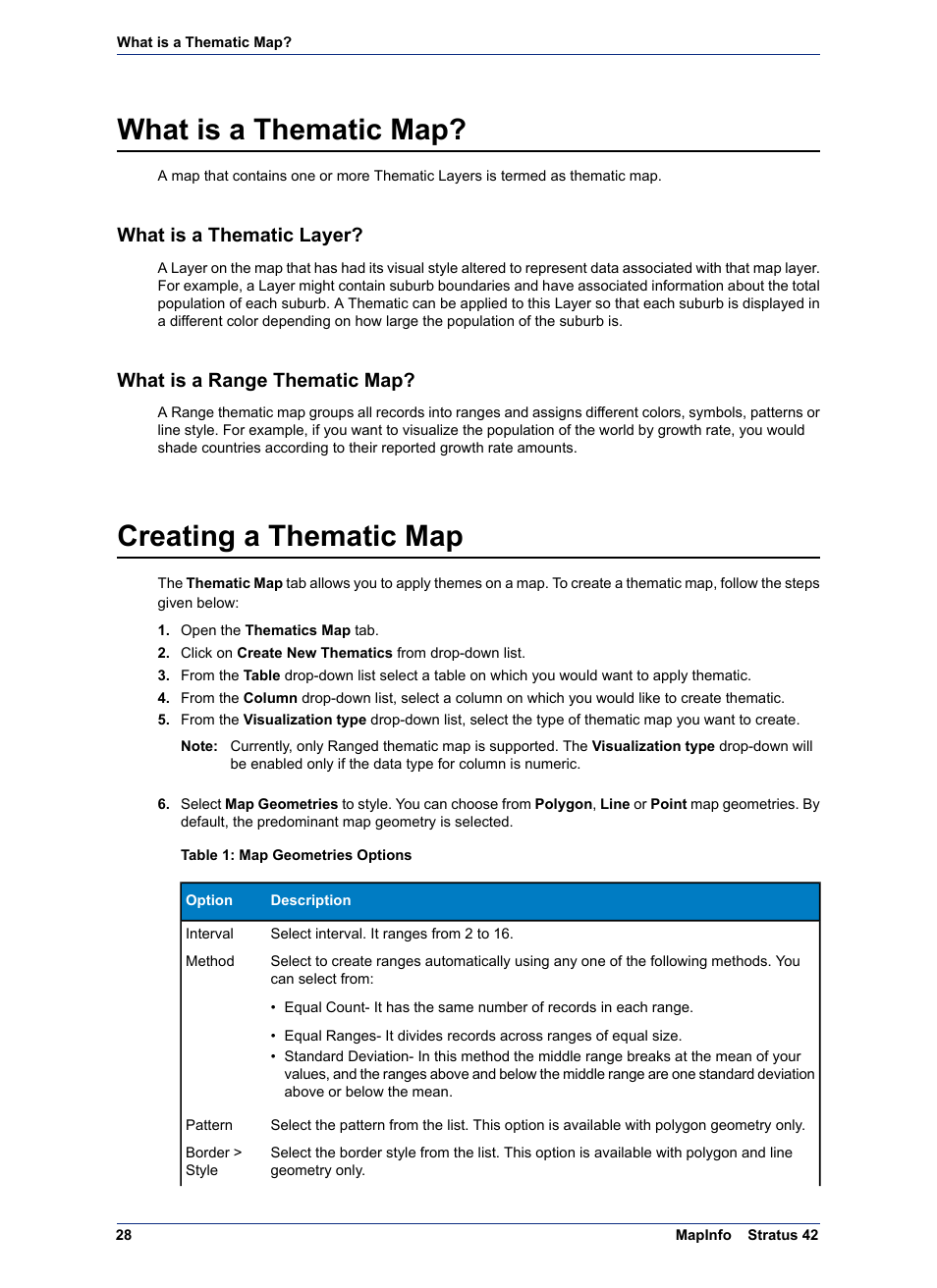 What is a thematic map, What is a thematic layer, What is a range thematic map | Creating a thematic map | Pitney Bowes MapInfo Stratus User Manual | Page 28 / 48