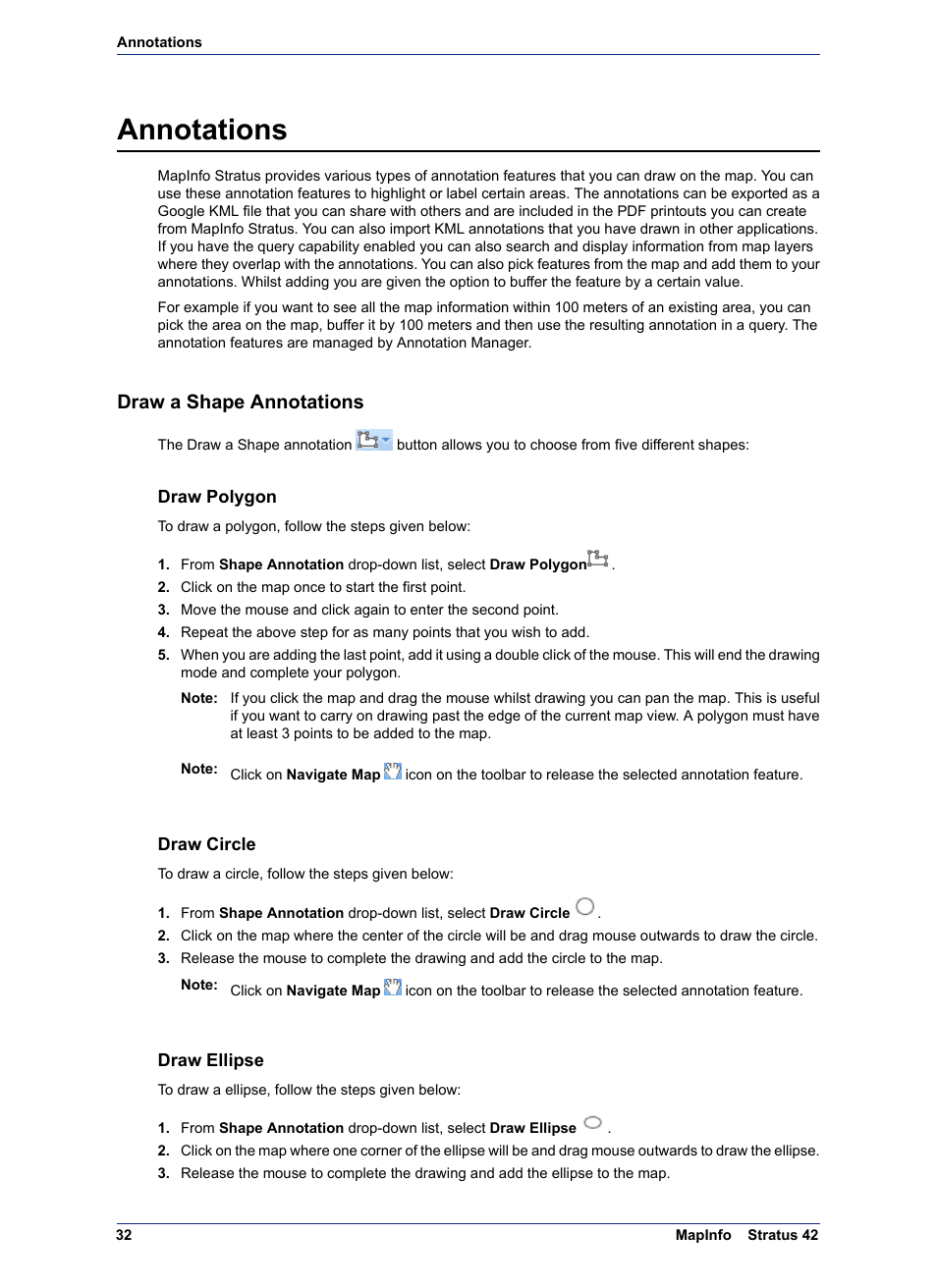 Annotations, Draw a shape annotations, Draw polygon | Draw circle, Draw ellipse, Draw a shape annotation, Draw a circle, Draw an ellipse | Pitney Bowes MapInfo Stratus User Manual | Page 32 / 48