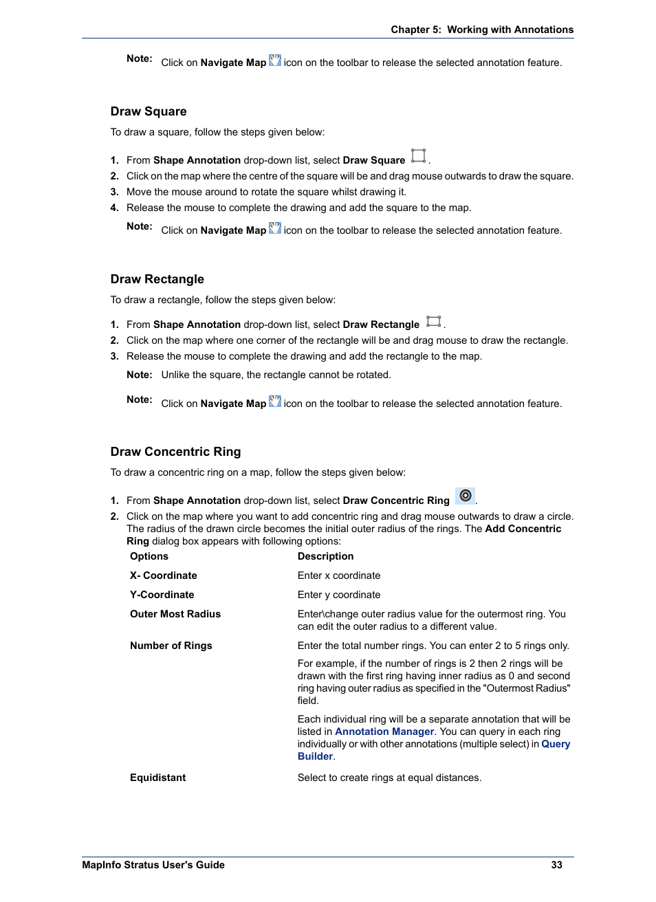Draw square, Draw rectangle, Draw concentric ring | Pitney Bowes MapInfo Stratus User Manual | Page 33 / 48