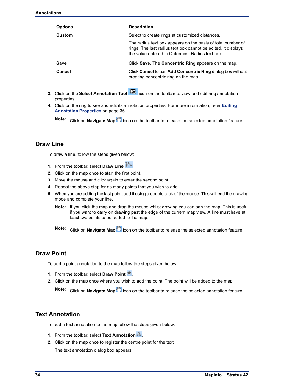 Draw line, Draw point, Text annotation | Pitney Bowes MapInfo Stratus User Manual | Page 34 / 48
