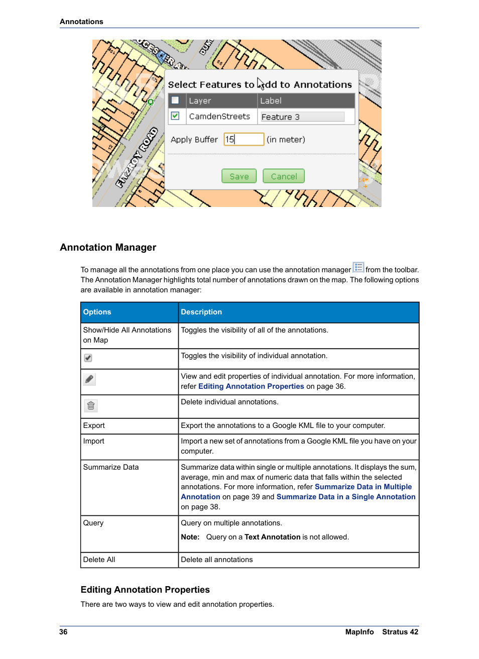 Annotation manager, Editing annotation properties, Manage annotations | Pitney Bowes MapInfo Stratus User Manual | Page 36 / 48