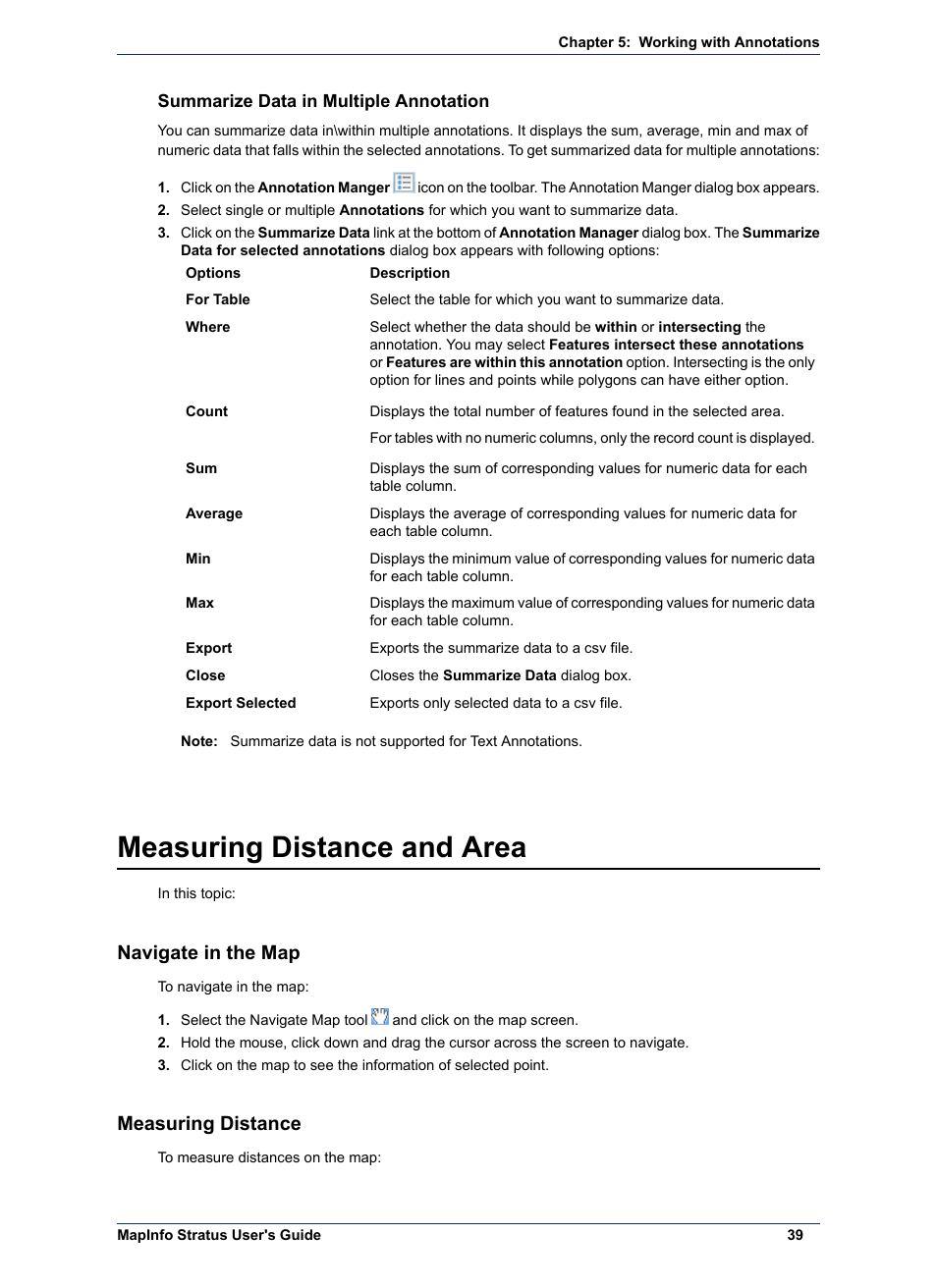 Summarize data in multiple annotation, Measuring distance and area, Navigate in the map | Measuring distance, Navigate map, Measure line, Summarize data in multiple, Annotation | Pitney Bowes MapInfo Stratus User Manual | Page 39 / 48
