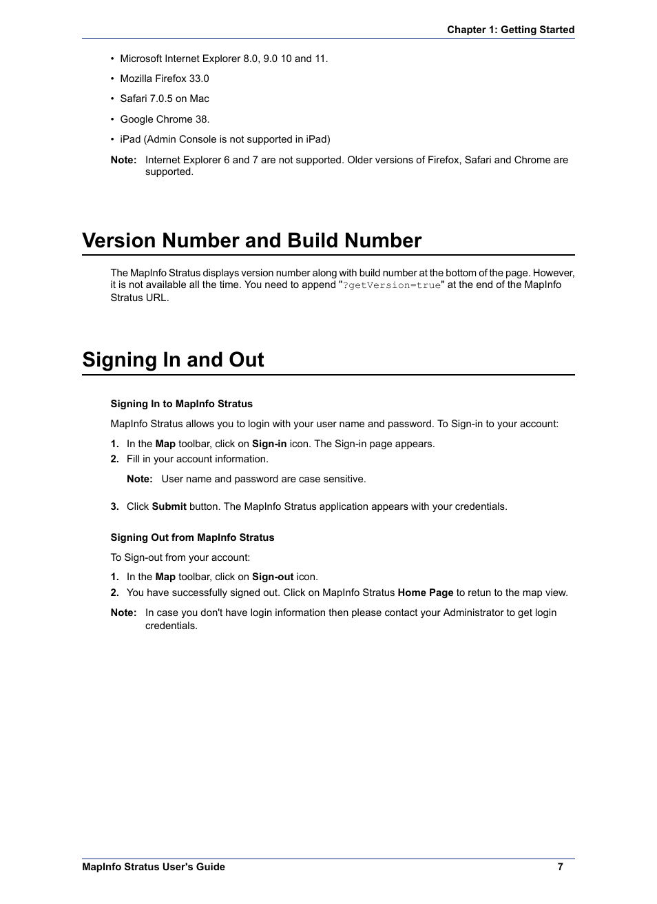 Version number and build number, Signing in and out | Pitney Bowes MapInfo Stratus User Manual | Page 7 / 48