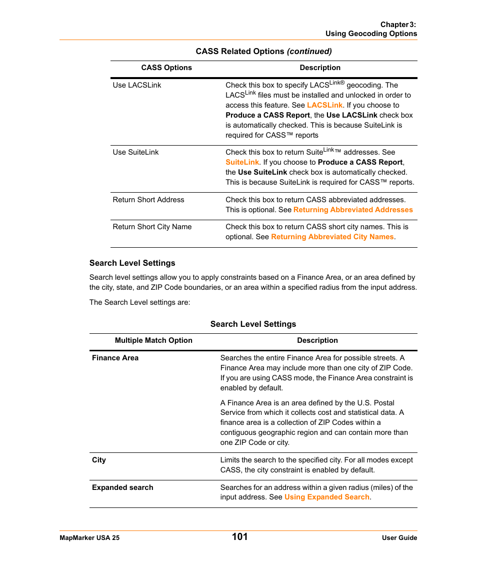 Search level settings | Pitney Bowes MapMarker USA User Manual | Page 101 / 334