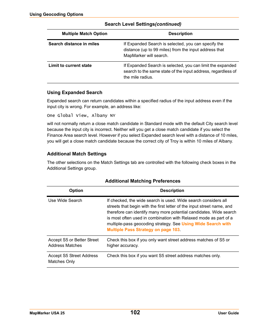 Using expanded search, Additional match settings | Pitney Bowes MapMarker USA User Manual | Page 102 / 334