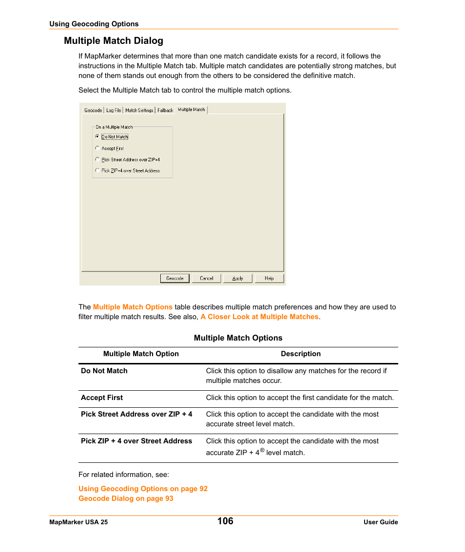 Multiple match dialog | Pitney Bowes MapMarker USA User Manual | Page 106 / 334