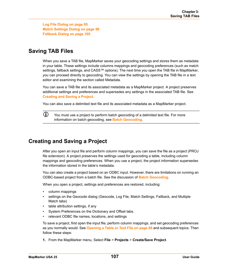 Saving tab files, Creating and saving a project, Saving tab files creating and saving a project | For in, With | Pitney Bowes MapMarker USA User Manual | Page 107 / 334
