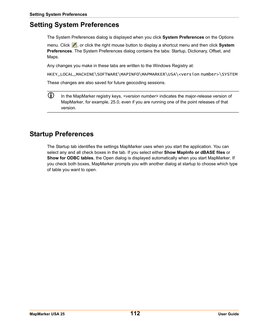 Setting system preferences, Startup preferences, D in | Pitney Bowes MapMarker USA User Manual | Page 112 / 334